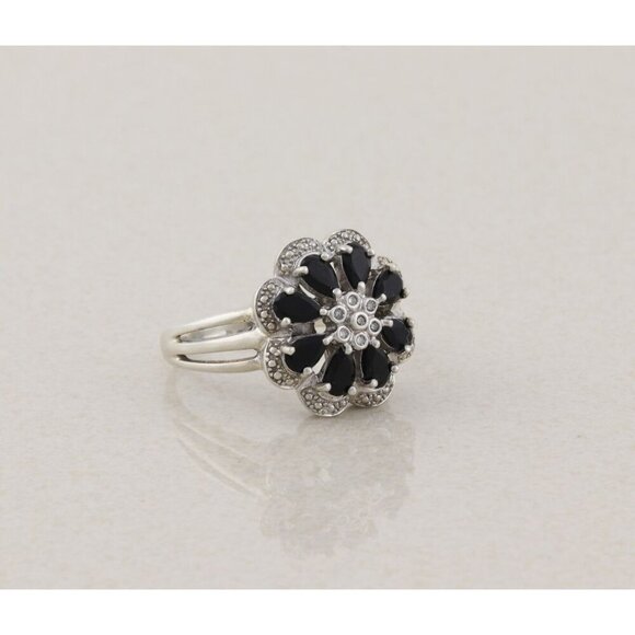 Sterling Silver Blue Cubic Zirconia and Natural Diamond Flower Ring Size 9 1/2 - Picture 3 of 7